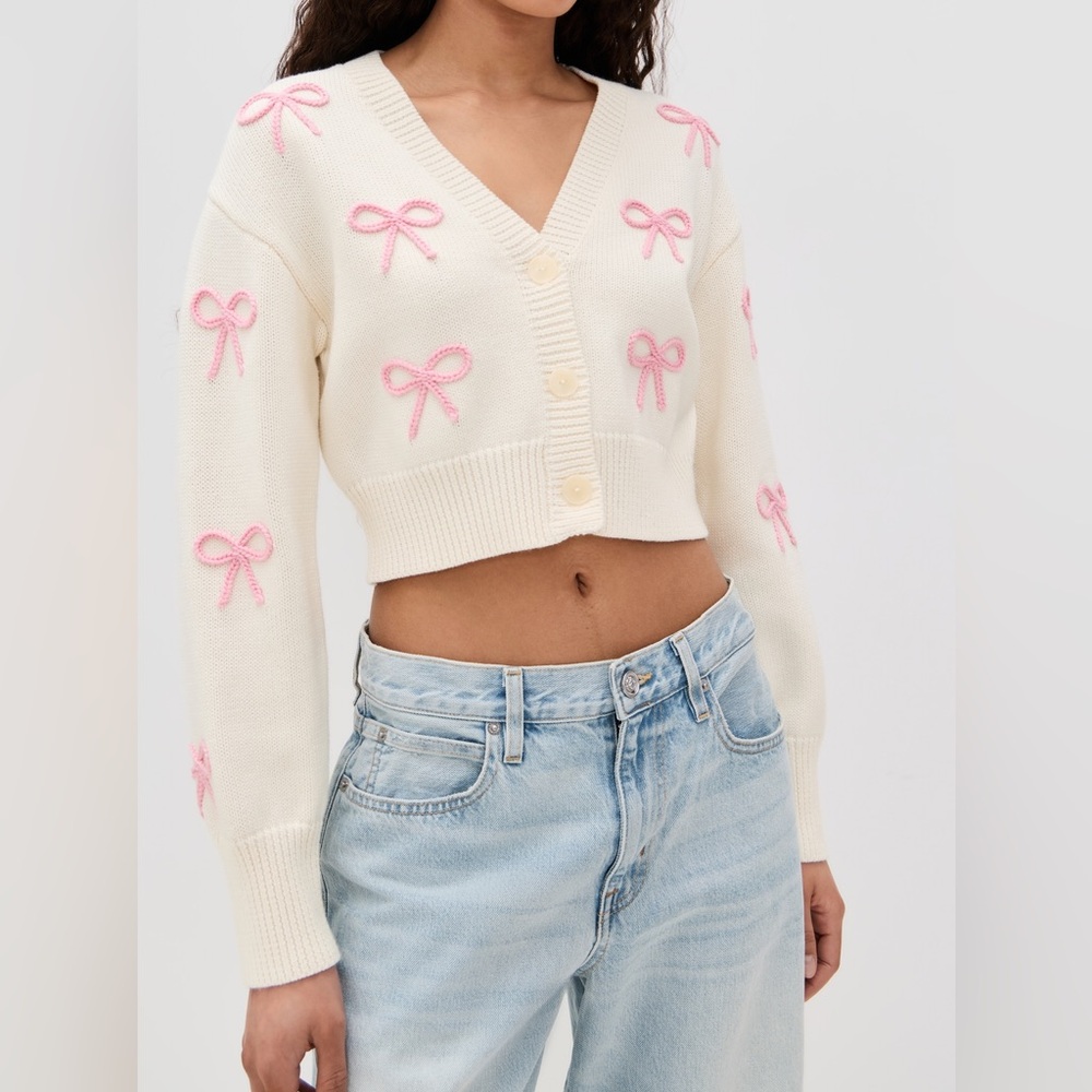 LoveShackFancy Francette Cropped Bow Cardigan, Darling Pink, XXS